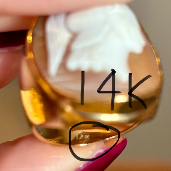 14K Gold Cameo Ring Carved Shell Athena or Roman Soldier size 7.25 - Picture 9 of 16